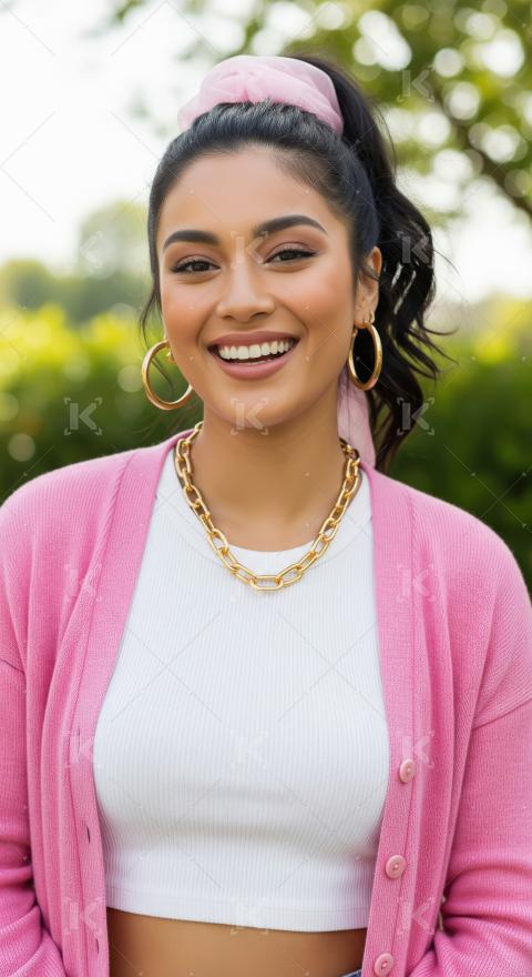 Beautiful Woman Smiling in Pink Cardigan with Gold Accessories