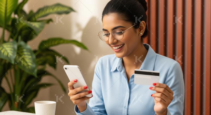 Smiling Woman Shopping Online with Phone and Credit Card