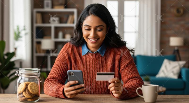 Happy woman shopping online with phone and credit card at home