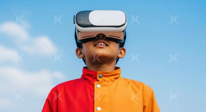 Kid with VR headset looking skyward, immersed in virtual experie