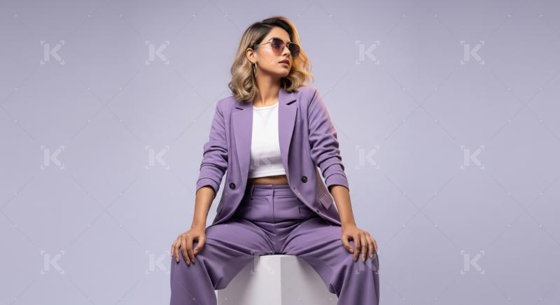 Stylish woman in purple pantsuit sitting, posing confidently.