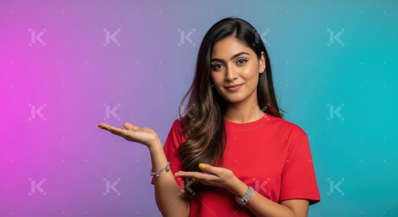 Cheerful young woman pointing with both hands to empty copy spac