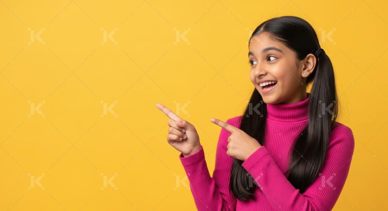 A cheerful Indian girl with long dark hair in pigtails joyfully