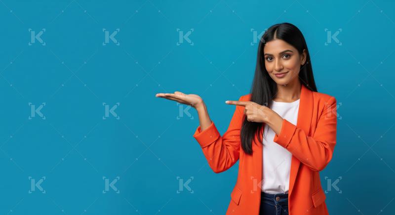 Young beautiful indian woman smiling and gesturing with open han