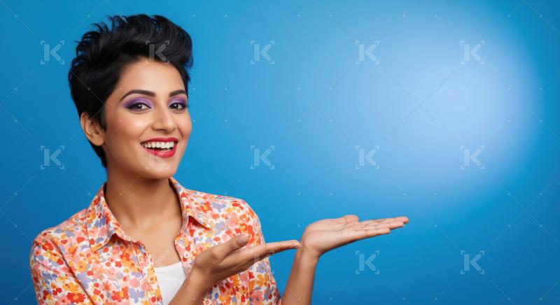 Young beautiful indian woman smiling and gesturing with open han