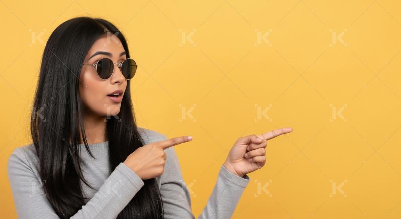 Cheerful young woman pointing with both hands to empty copy spac