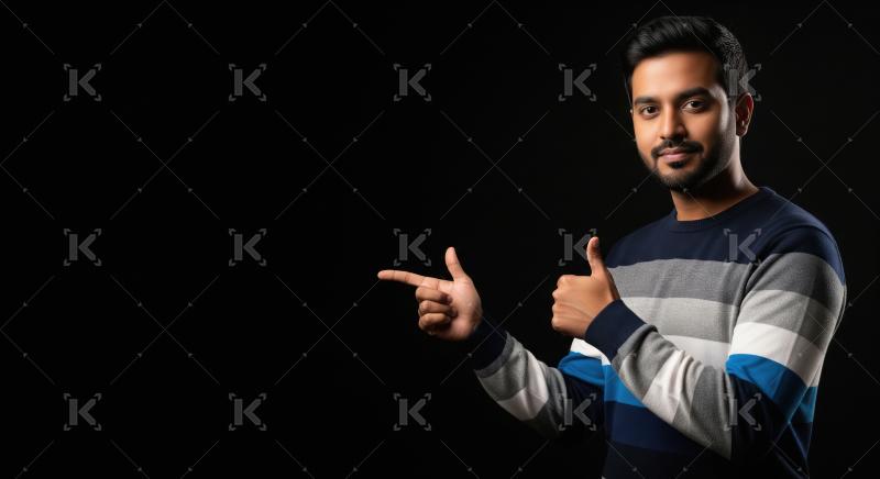 Young indian man pointing finger on empty space