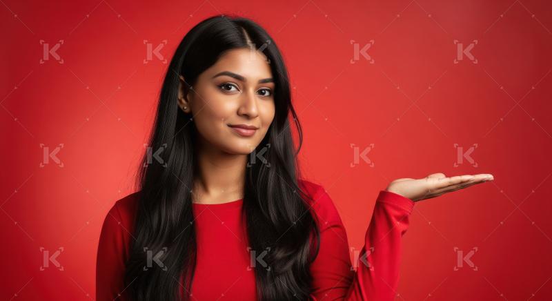 Young beautiful indian woman smiling and gesturing with open han