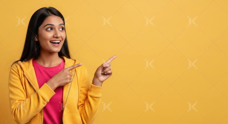 Cheerful young woman pointing with both hands to empty copy spac
