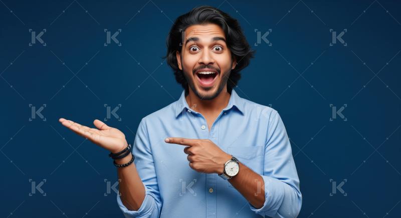 Young indian man pointing finger on empty space