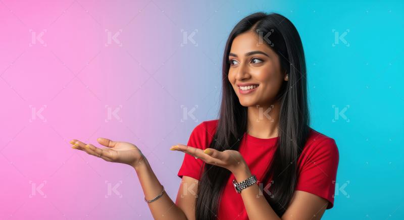 Young beautiful indian woman smiling and gesturing with open han