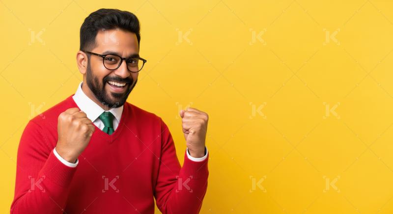 Indian man grinning broadly with raised victory fists