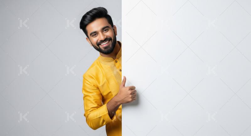 Young indian excited man showing white empty board