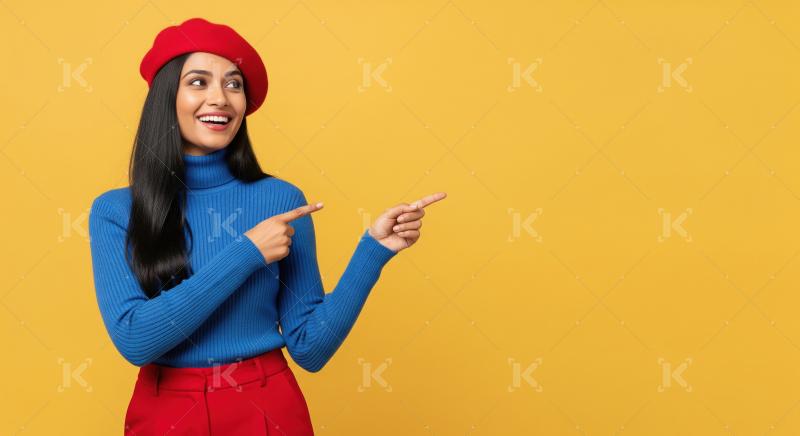 Cheerful young woman pointing with both hands to empty copy spac