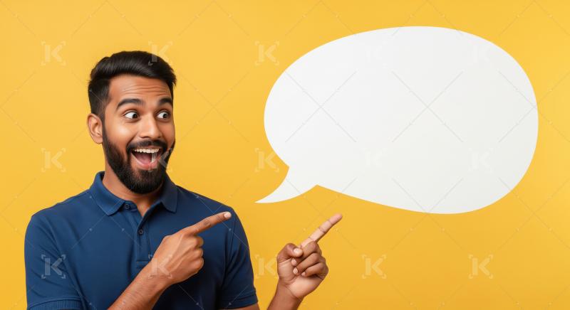 Young indian man pointing finger on empty space