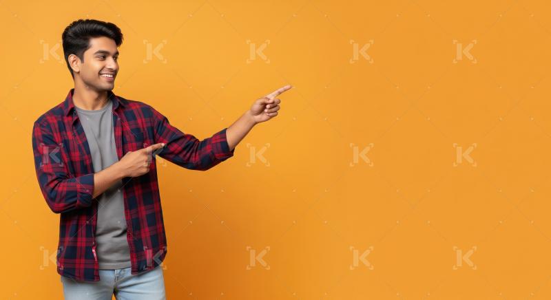 Young indian man pointing finger on empty space