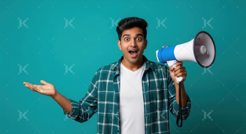 Young indian man using megaphone for announcement