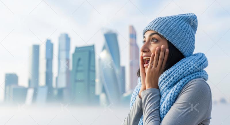 Young woman in winter wear giving shocking expression