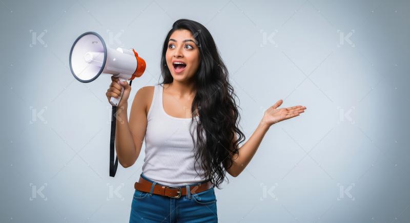 Young beautiful indian woman using megaphone