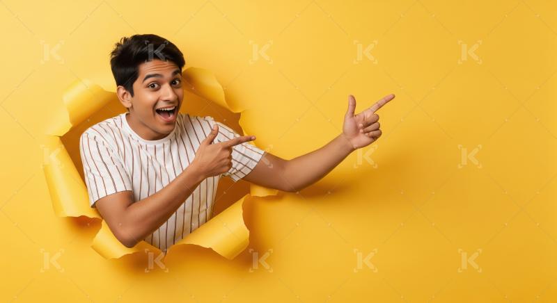 Handsome young Indian man with beard and afro peeking through a