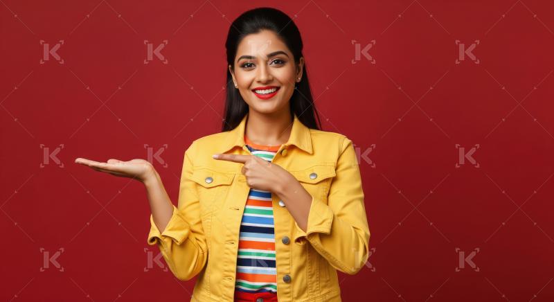 Cheerful young woman pointing with both hands to empty copy spac