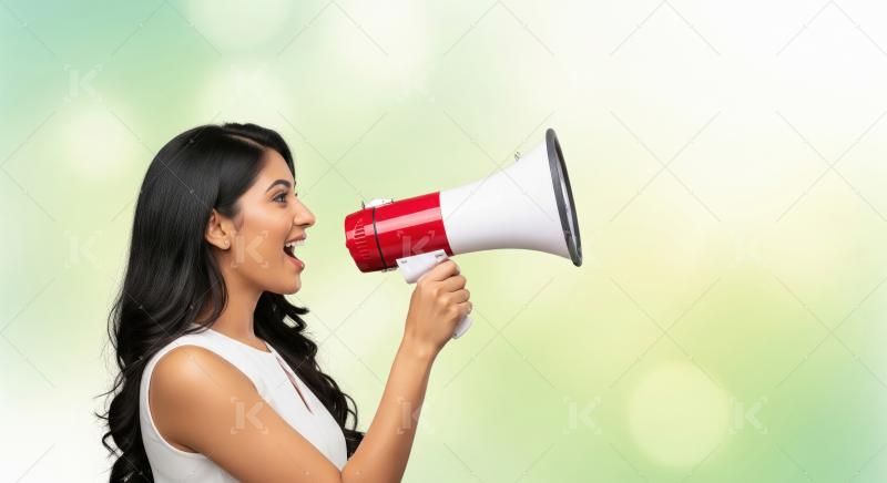 Young beautiful indian woman using megaphone
