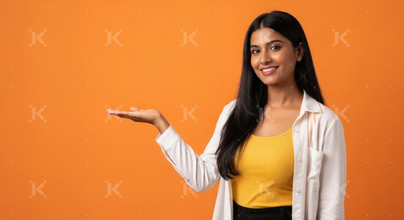 Young beautiful indian woman smiling and gesturing with open han