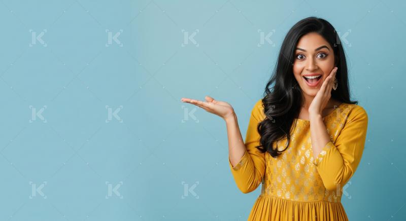 Young beautiful indian woman smiling and gesturing with open han