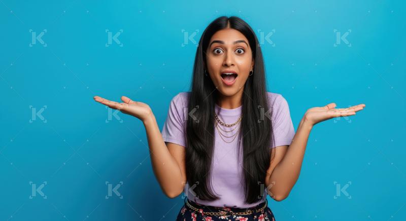 Young beautiful indian woman open both palm and giving shocking