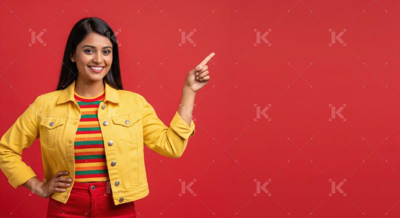 Cheerful young woman pointing with both hands to empty copy spac