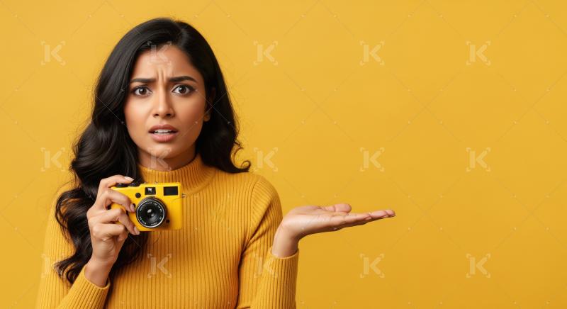 Young woman holding camera and open palm