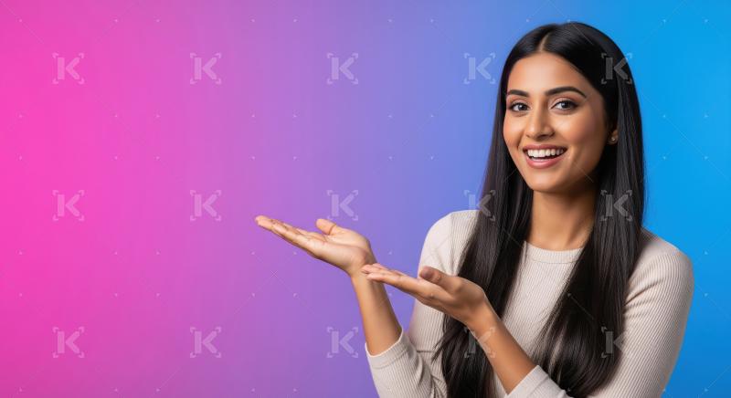 Cheerful young woman pointing with both hands to empty copy spac