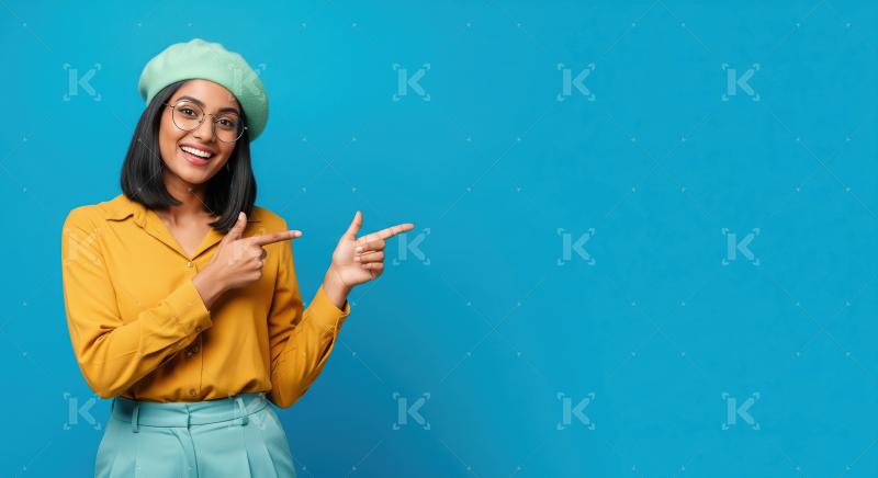 Cheerful young woman pointing with both hands to empty copy spac