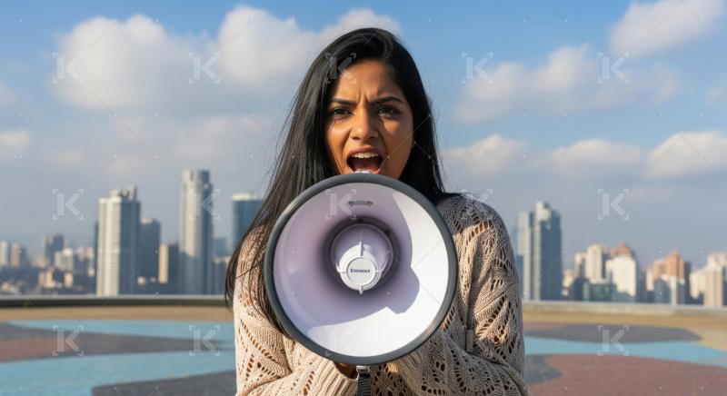 Young beautiful indian woman using megaphone