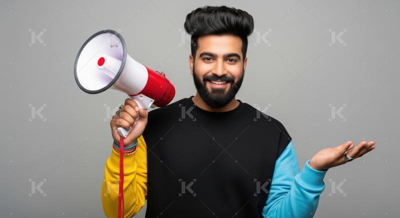Young indian man using megaphone for announcement