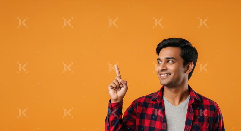 Young indian man pointing finger on empty space