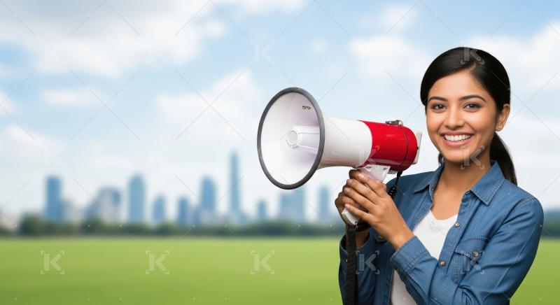 Young beautiful indian woman using megaphone