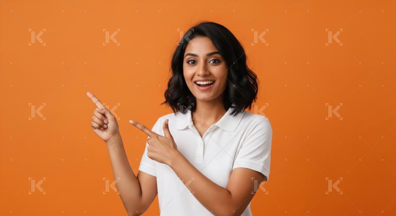 Young beautiful indian woman pointing finger on empty space