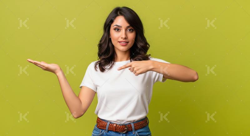 Cheerful young woman pointing with both hands to empty copy spac