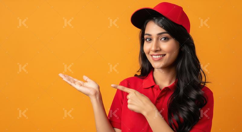 Young beautiful indian woman pointing finger on empty space