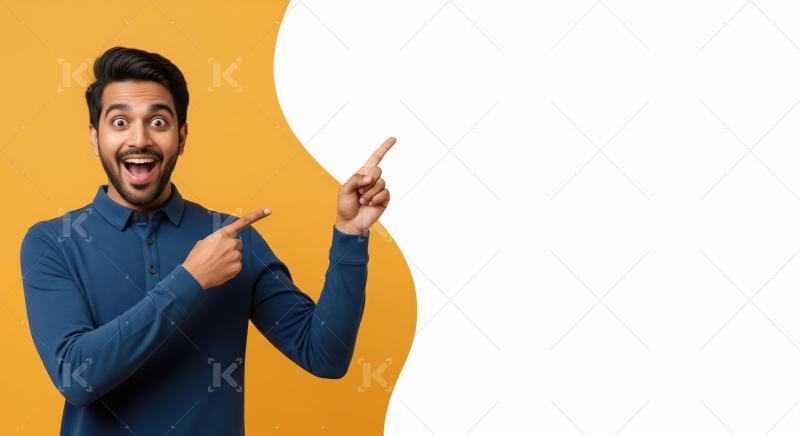 Young indian man pointing finger on empty space