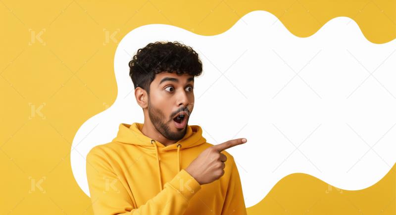 Young indian man pointing finger on empty space