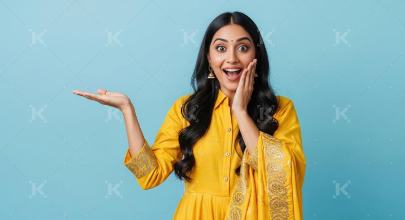 Cheerful young woman pointing with both hands to empty copy spac