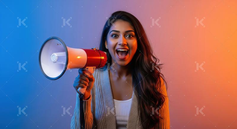 Young beautiful indian woman using megaphone