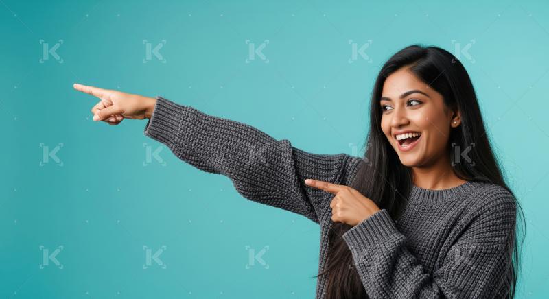 Cheerful young woman pointing with both hands to empty copy spac