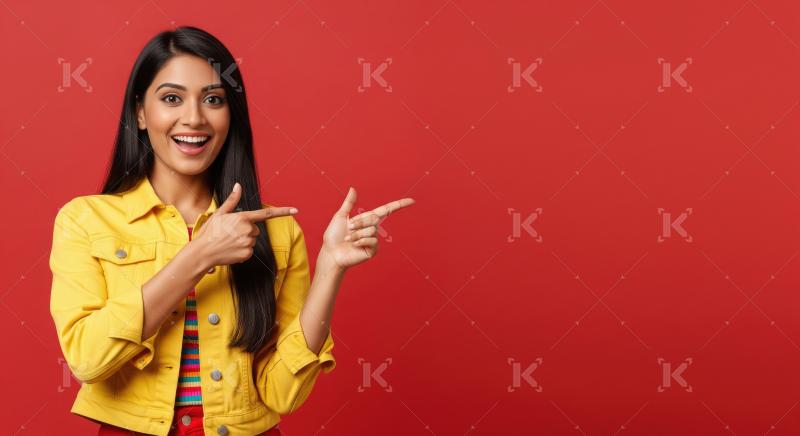 Cheerful young woman pointing with both hands to empty copy spac