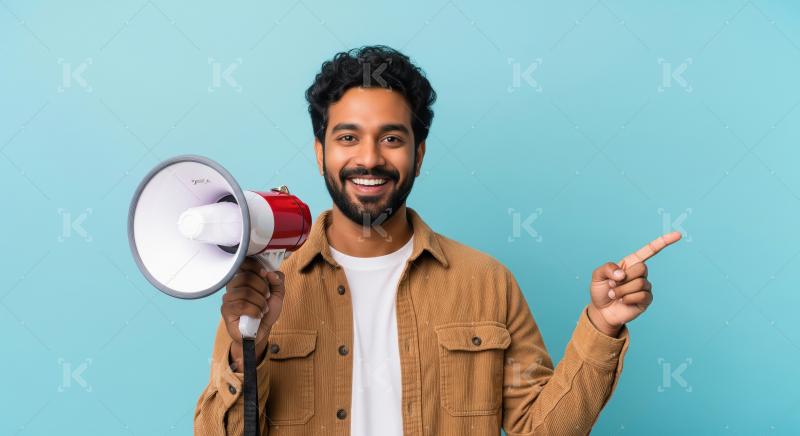 Young indian man smiling and using megaphone while pointing fing