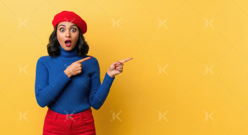 Young beautiful indian woman pointing finger on empty space