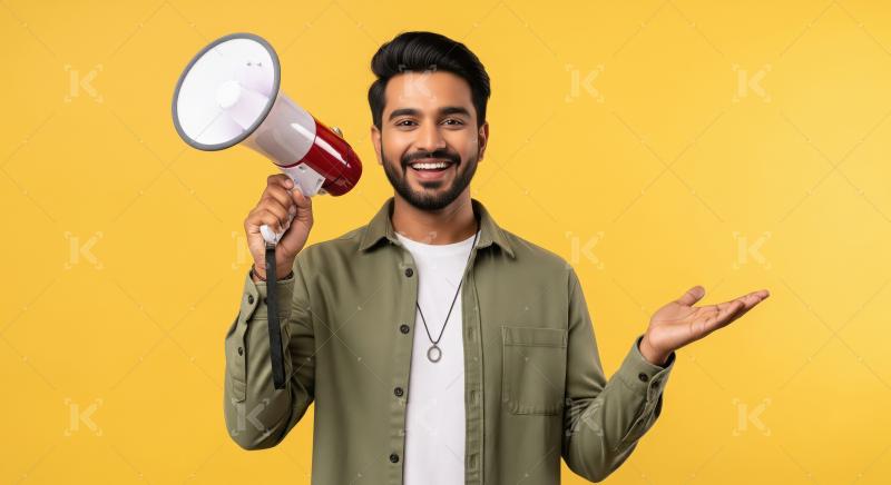 Young indian man using megaphone for announcement