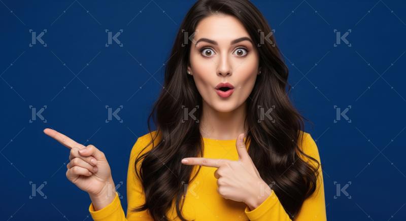 Cheerful young woman pointing with both hands to empty copy spac